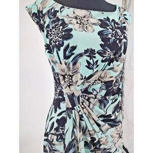 Connected Apparel Blue Floral Faux Wrap Dress Size 12 Ruched Waist Bodice Lined